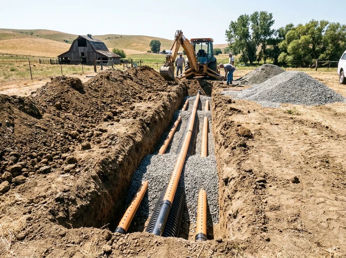 Septic drain field trench with pipes