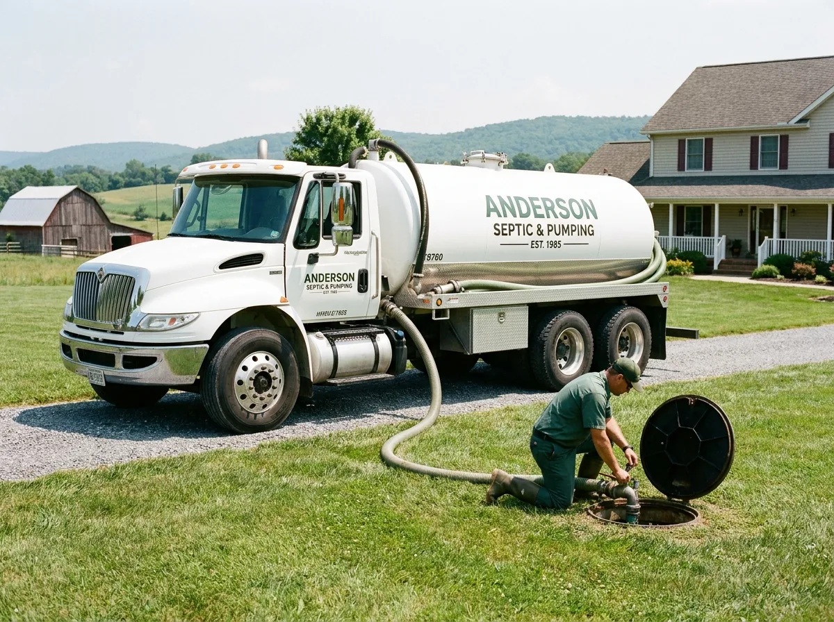 Septic tank pumping truck at work