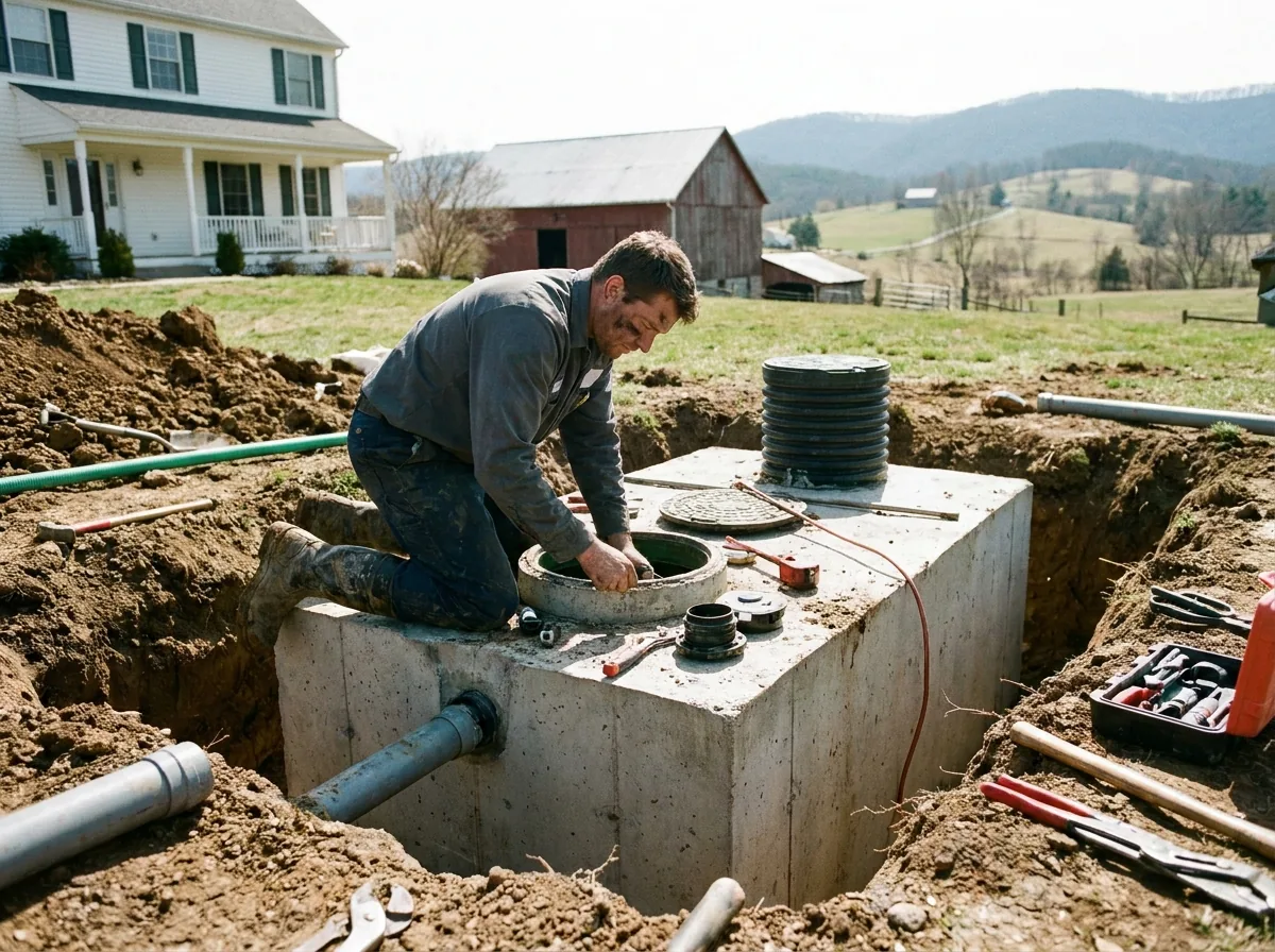 Technician repairing a septic tank